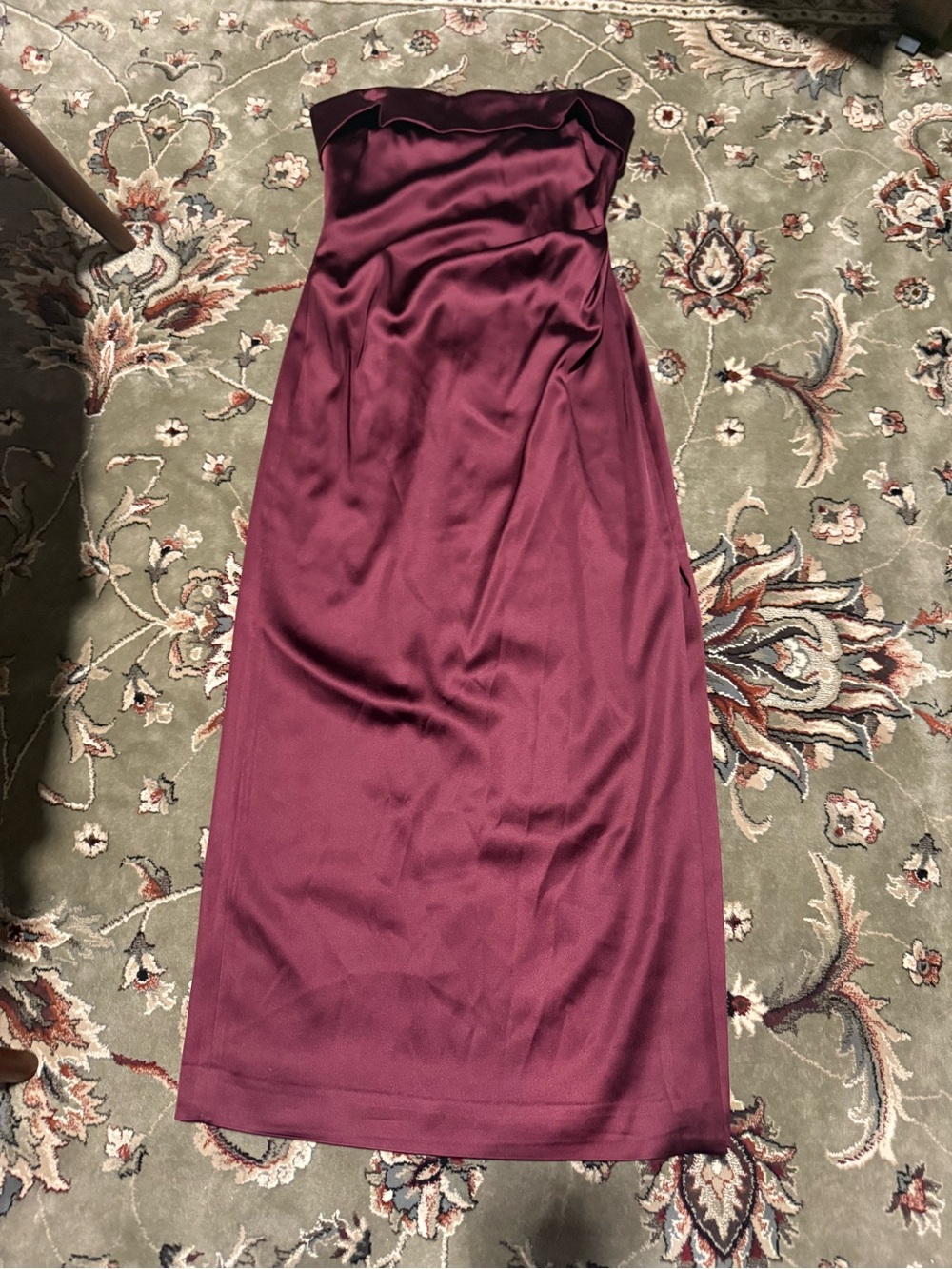 Strapless Satin Midi Dress in Burgundy- Aritzia (TEN)